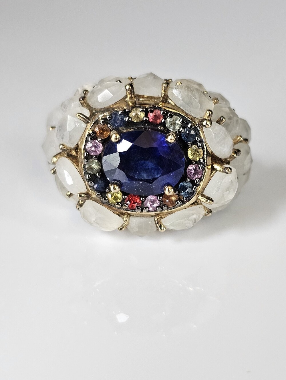 Genuine Blue Sapphire & Moonstone Cluster Ring Vermeil Size 7
